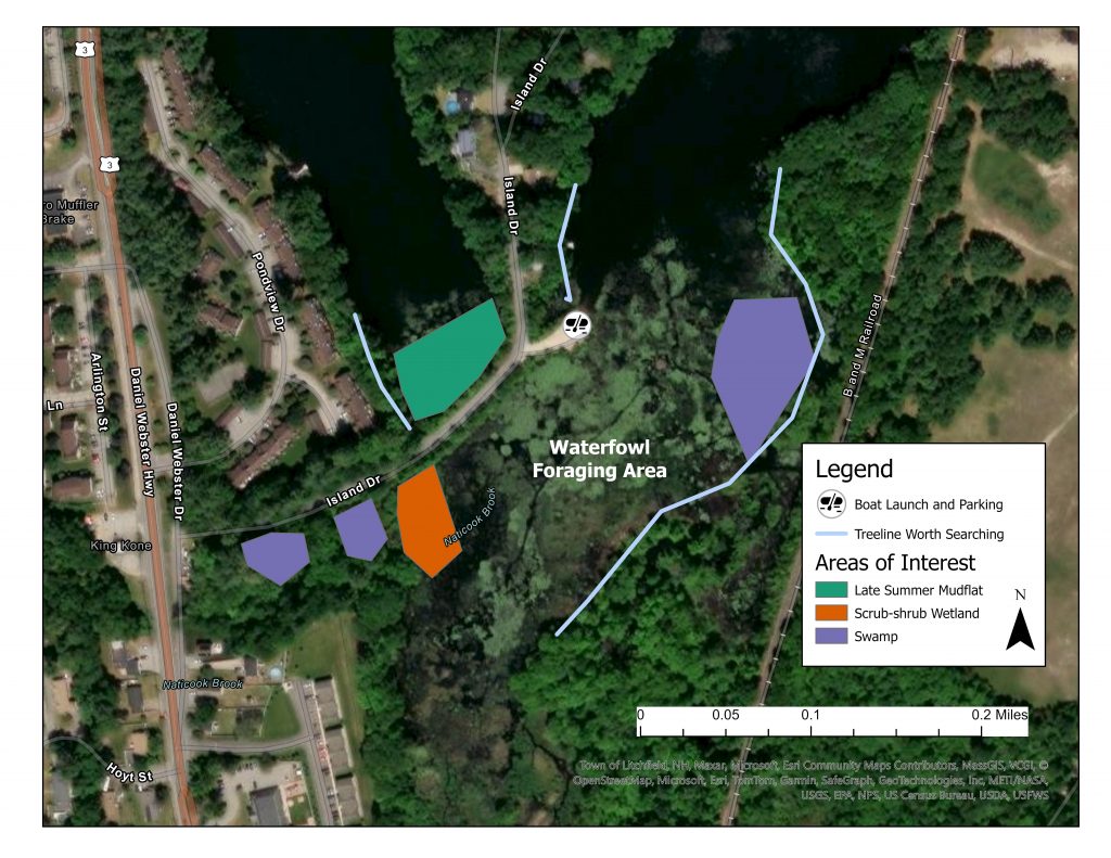 Map showing walking access, parking, and birding hotspots at Horseshoe Pond in Merrimack, New Hampshire.